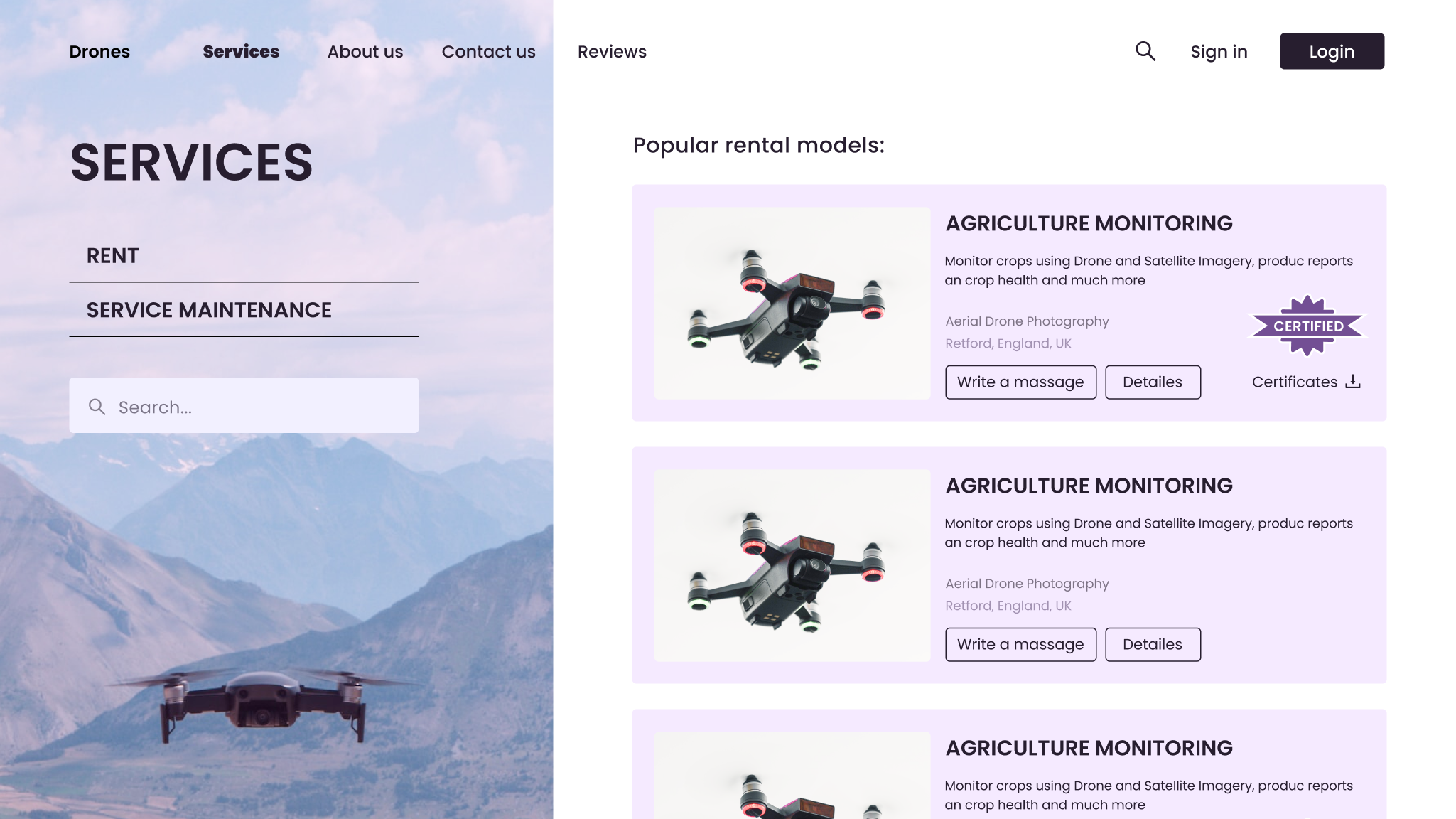 Drones rental and repair web-platform